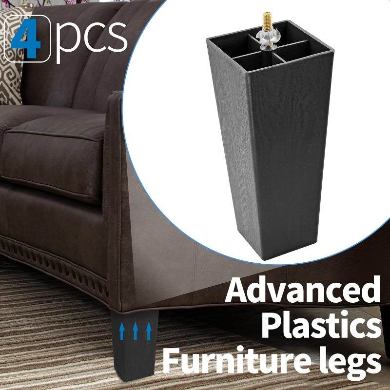 Masendelk 8 inch Plastic Furniture Legs, Square Couch legs Black Sofa Legs set of 4, Mid Century Furniture feet M8 Replacement Legs for Armchair Bed Couch Cabinet Desk Table Sofa - Image 5